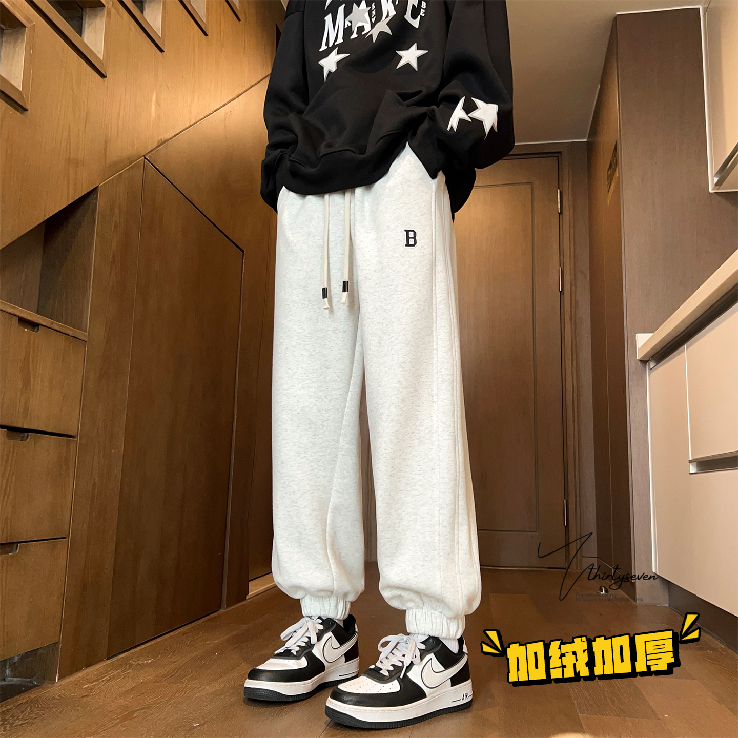 美式潮牌刺绣拼接直筒束脚卫裤男