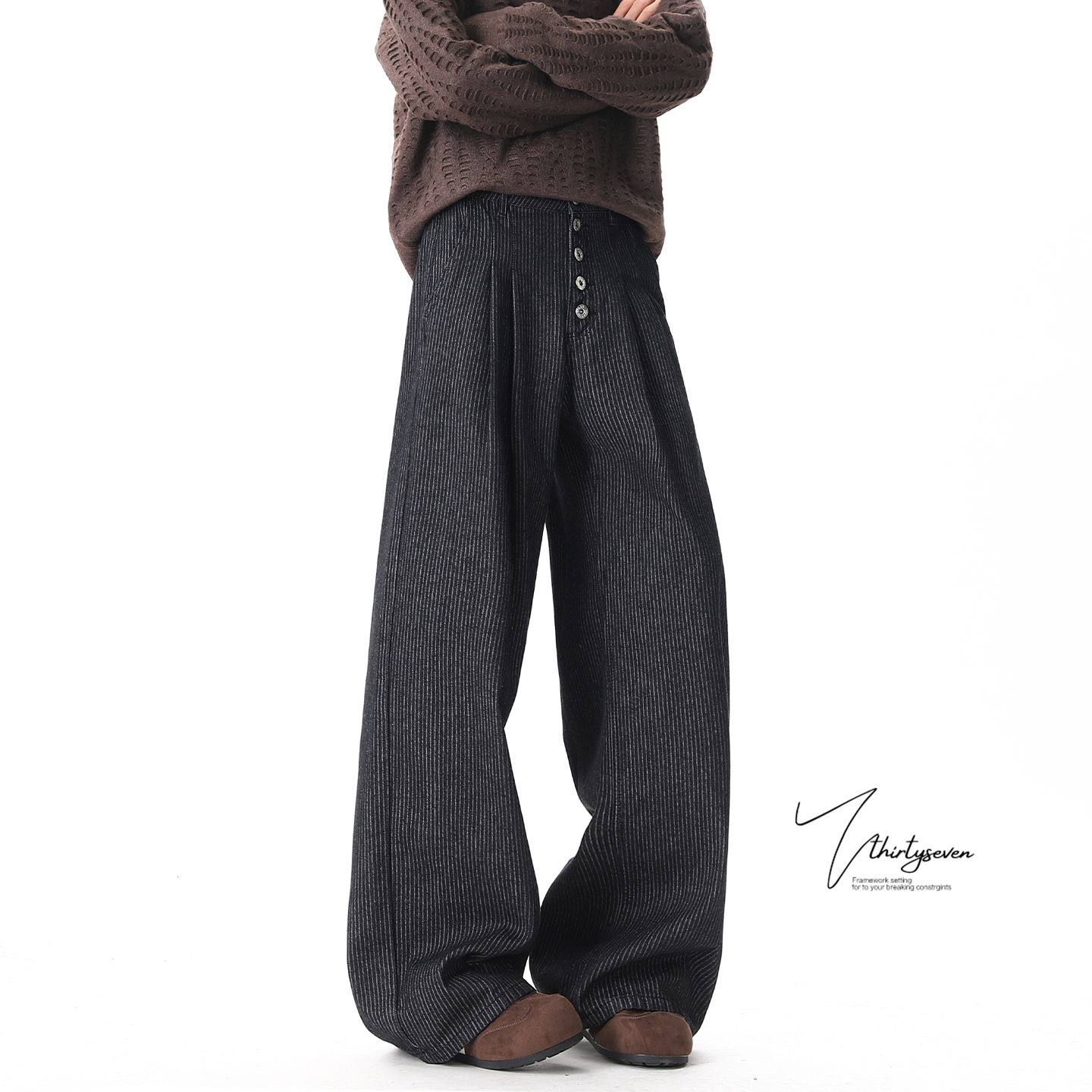 高级感双褶A字型垂感排扣西裤男