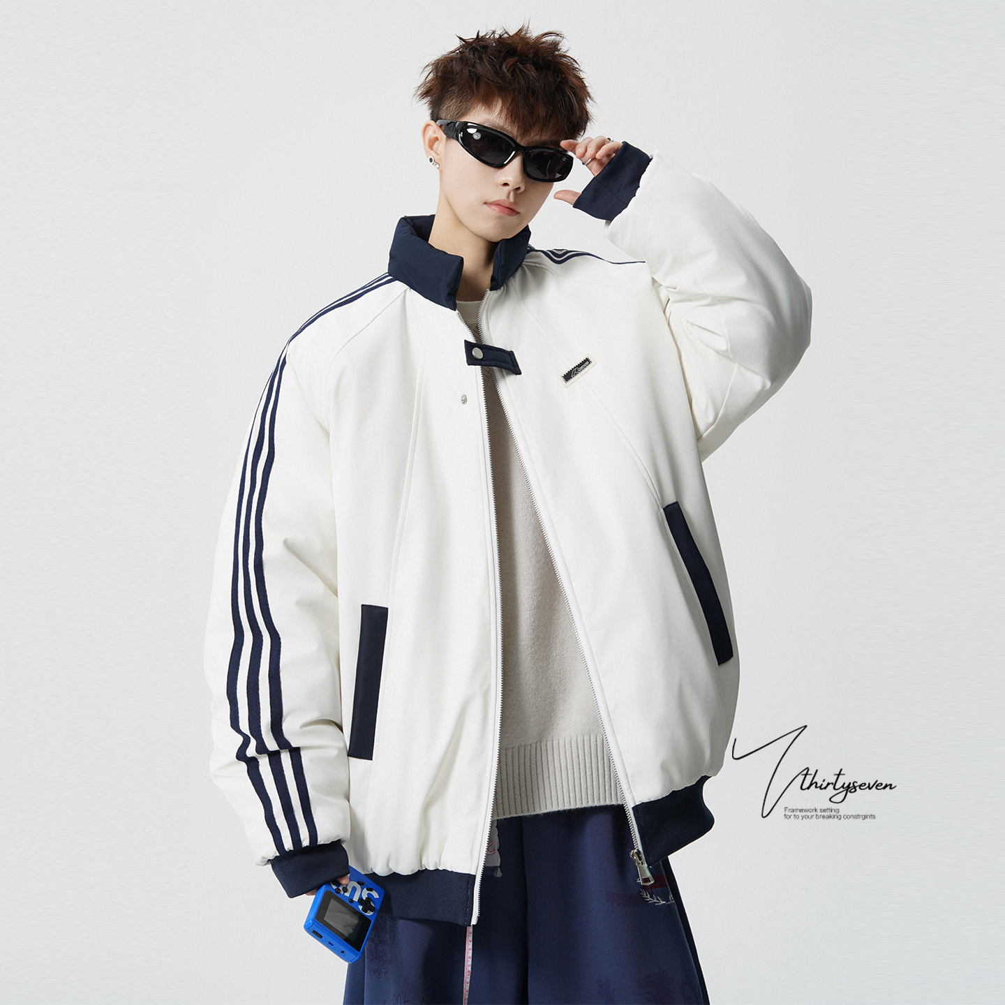 美式学院风立领三条杠拼接棉衣男