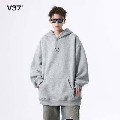 V37美式小众四点刺绣灰色卫衣男