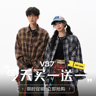 复古格子衬衫 V37美式 男秋潮牌学院风少年感衬衣高街痞帅情侣外套