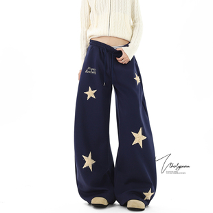 潮牌hiphop宽松拖地街舞裤 男冬季 子 街头星星刺绣运动卫裤 V37美式