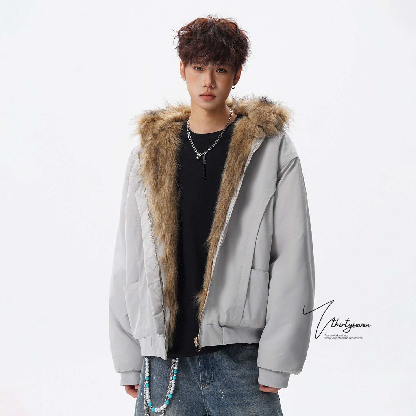 座山雕保暖大毛领连帽棉服男