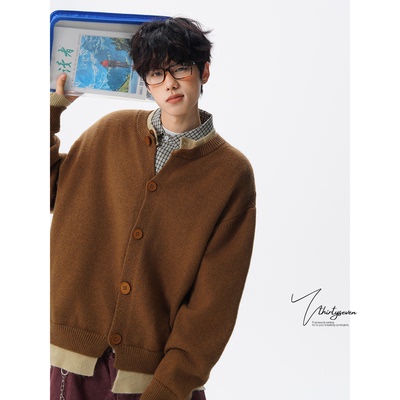 美式复古美拉德棕假两件针织衫男