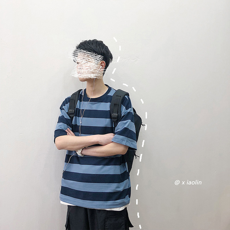 2020新款条纹短袖T恤男韩版潮流很仙的上衣宽松休闲百搭五分袖5分