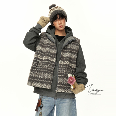 美式复古费尔岛花纹羊羔毛马甲男