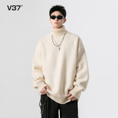 潮牌纯色高领毛衣男男