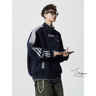 复古条纹休闲卫衣外套 秋季 V37美式 潮牌解构拼接立领运动夹克男士