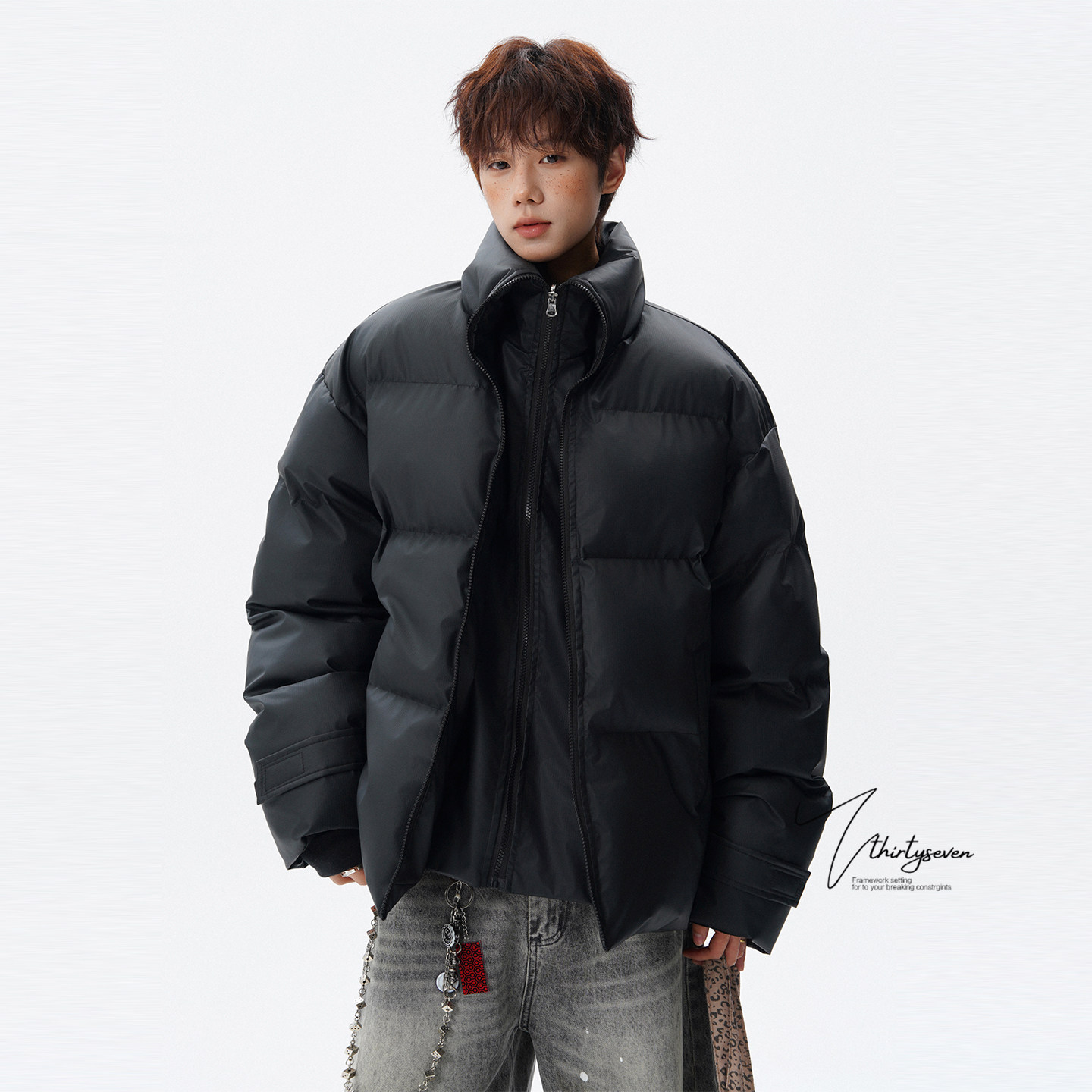 V37美式设计感立领拉链棉衣男冬季加厚保暖高街痞帅黑色棉服上衣