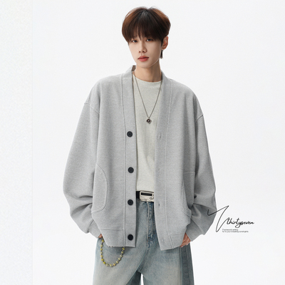 日系慵懒风华夫格开衫V领夹克