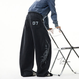 潮牌设计感印花解构长裤 男秋季 街头复古水洗做旧运动卫裤 V37美式