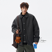 V37美式 潮牌复古格纹拼接翻领棉衣 重磅加厚假两件毛呢外套男冬季