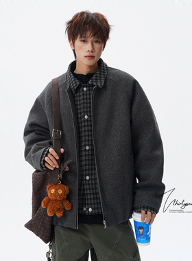 V37美式重磅加厚假两件毛呢外套男冬季潮牌复古格纹拼接翻领棉衣
