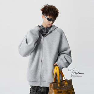 V37美式肩部手缝线设计连帽卫衣男春季花灰色潮牌松弛感开衫外套