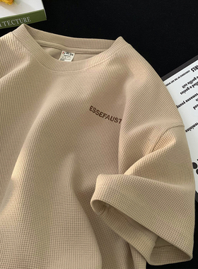 v37华夫格短袖t恤男春季美式复古字母半袖体恤宽松休闲五分袖上衣