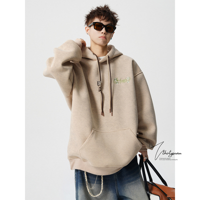 美式重磅砂洗刺绣情侣帽衫外套男