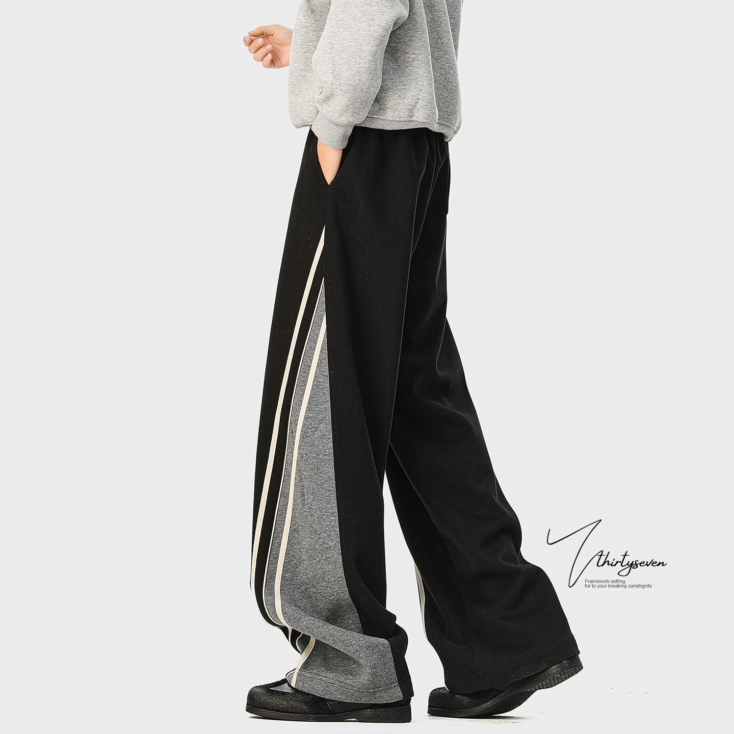 V37美式重磅撞色条纹休闲卫裤男