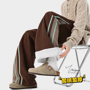 潮牌加绒加厚直筒保暖裤 V37美式 冬季 男款 子 街头条纹撞色运动卫裤