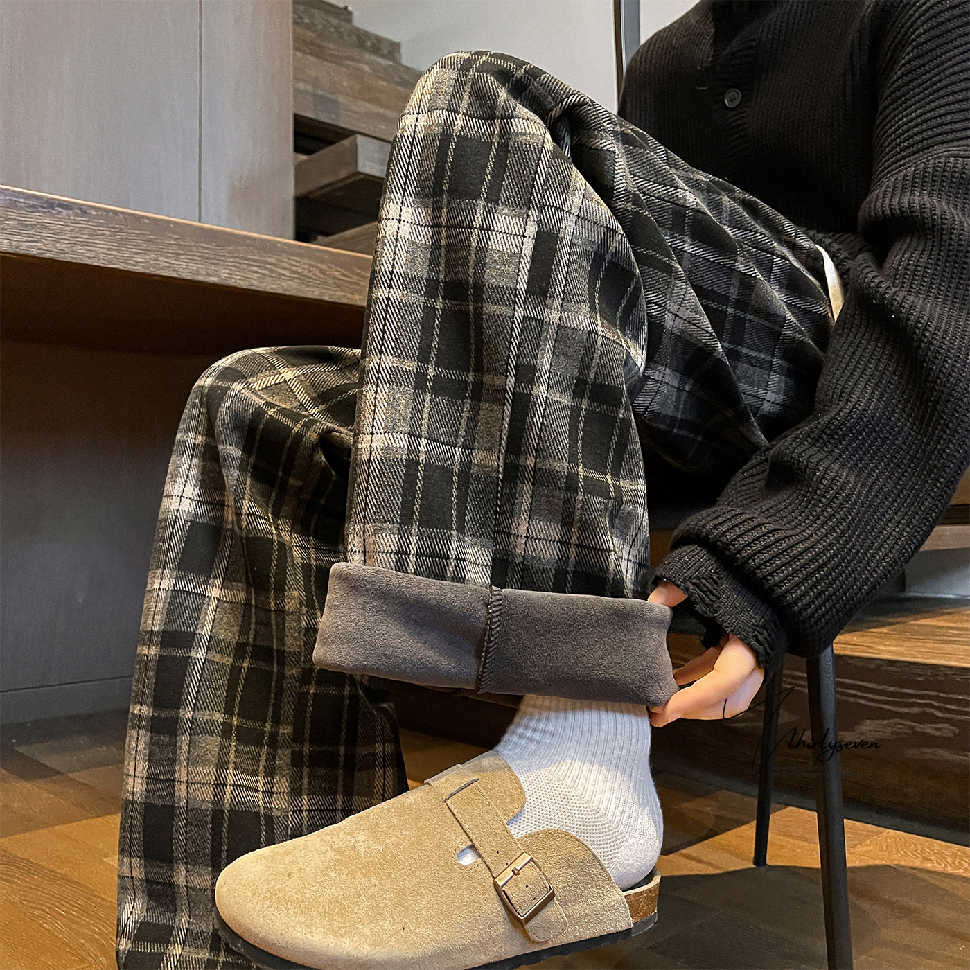 美式复古加绒加厚撞色格子裤男