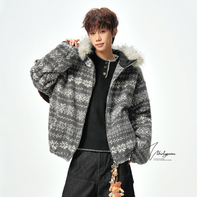 潮牌费尔岛风毛领连帽棉衣外套