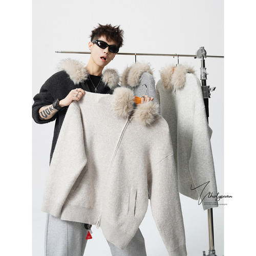 美式氛围感纯色毛领子羊绒衫外套