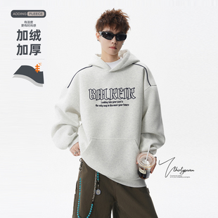 V37美式白花灰色字母印花连帽卫衣男冬重磅加绒加厚宽松套头帽衫
