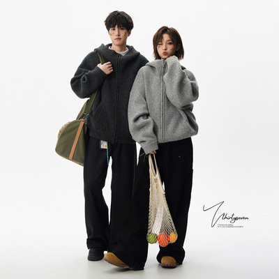 美式重磅双拉链连帽针织开衫男