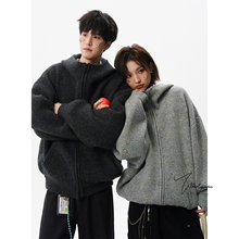 V37美式半高领情侣款连帽针织衫男冬宽松慵懒风纯色保暖毛衣外套