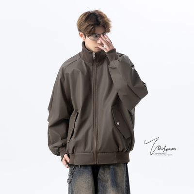 V37美式咖色机车皮衣夹克男