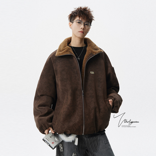 痞帅工装 冬季 PU皮棉衣潮 高街vintage咖色保暖棉服男女同款 V37美式