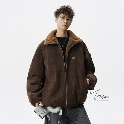 V37美式高街vintage咖色保暖棉服男女同款冬季痞帅工装PU皮棉衣潮