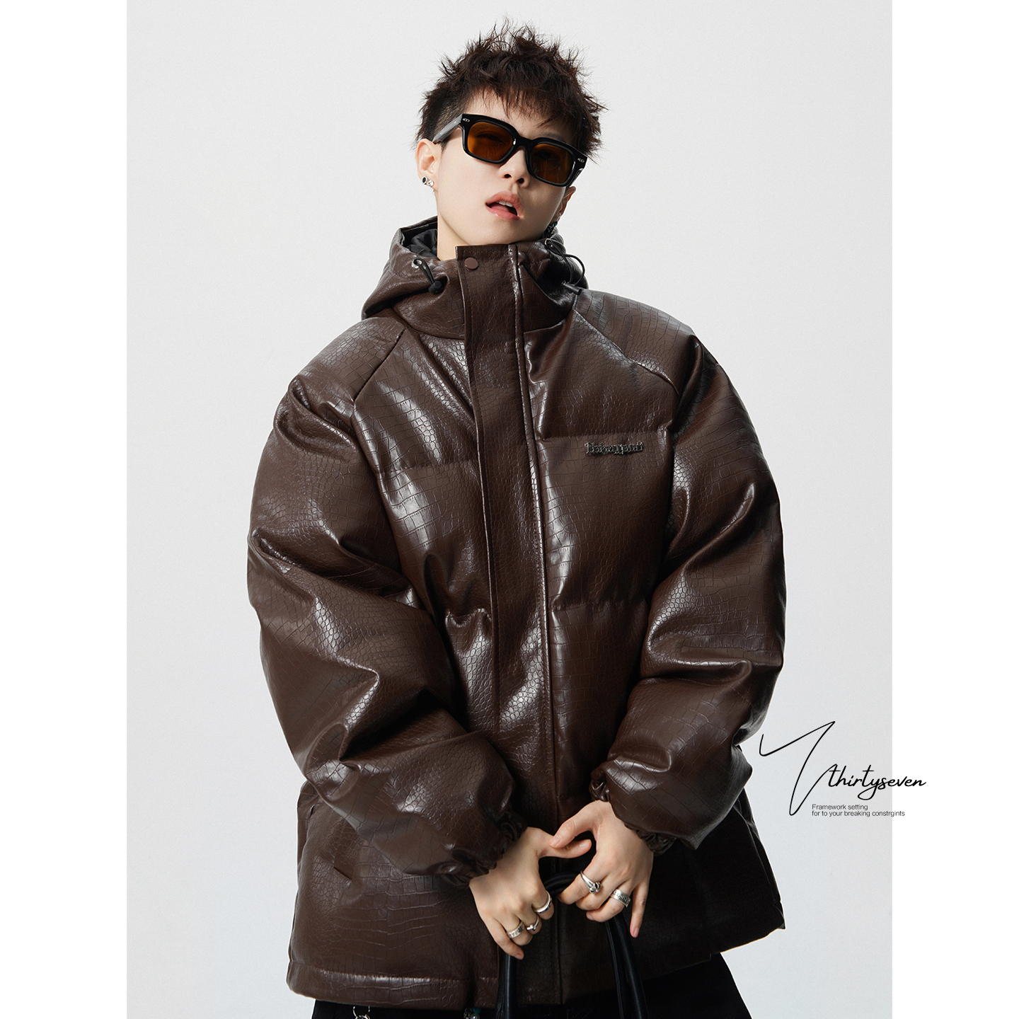 美式高级感鳄鱼纹连帽皮棉衣男