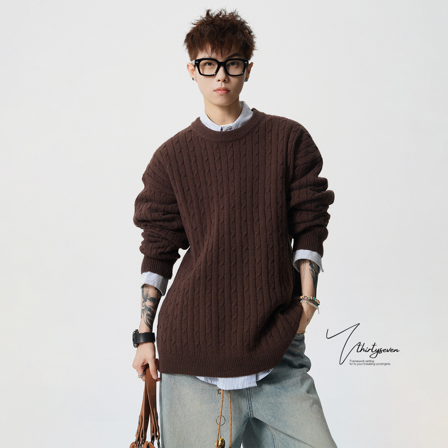 美拉德复古咖色情侣打底毛衣男