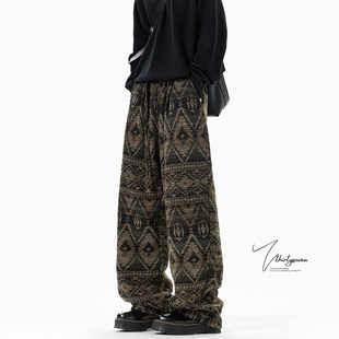 V37国潮民族风提花针织格子裤 男秋季 美式 宽松慵懒风休闲抽绳长裤
