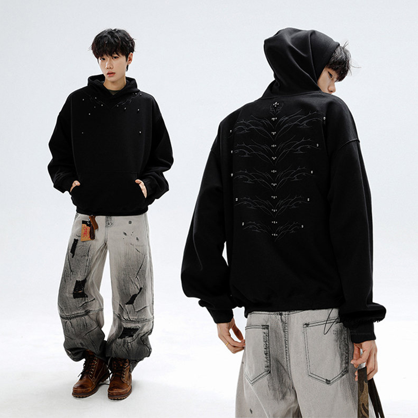 V37美式复古柳钉连帽卫衣