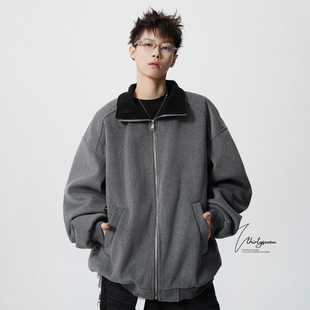 V37美式高街撞色翻领夹克棉服男款冬季重磅加绒加厚毛呢棉衣外套