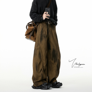 高街vintage扎染阔腿长裤 男秋季 子 复古水洗解构弯刀休闲裤 V37美式