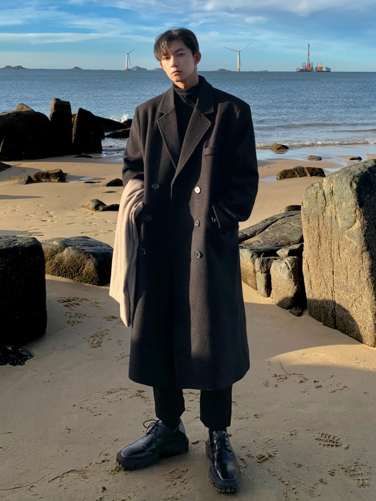 黑色中长款毛呢大衣男新款春秋季棉外套高级感英伦风呢子风衣