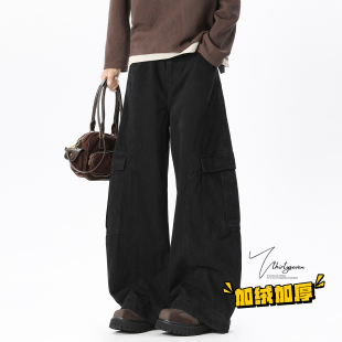 斜切拼接宽松休闲拖地长裤 V37美式 男冬季 裤 街头加绒加厚廓形工装