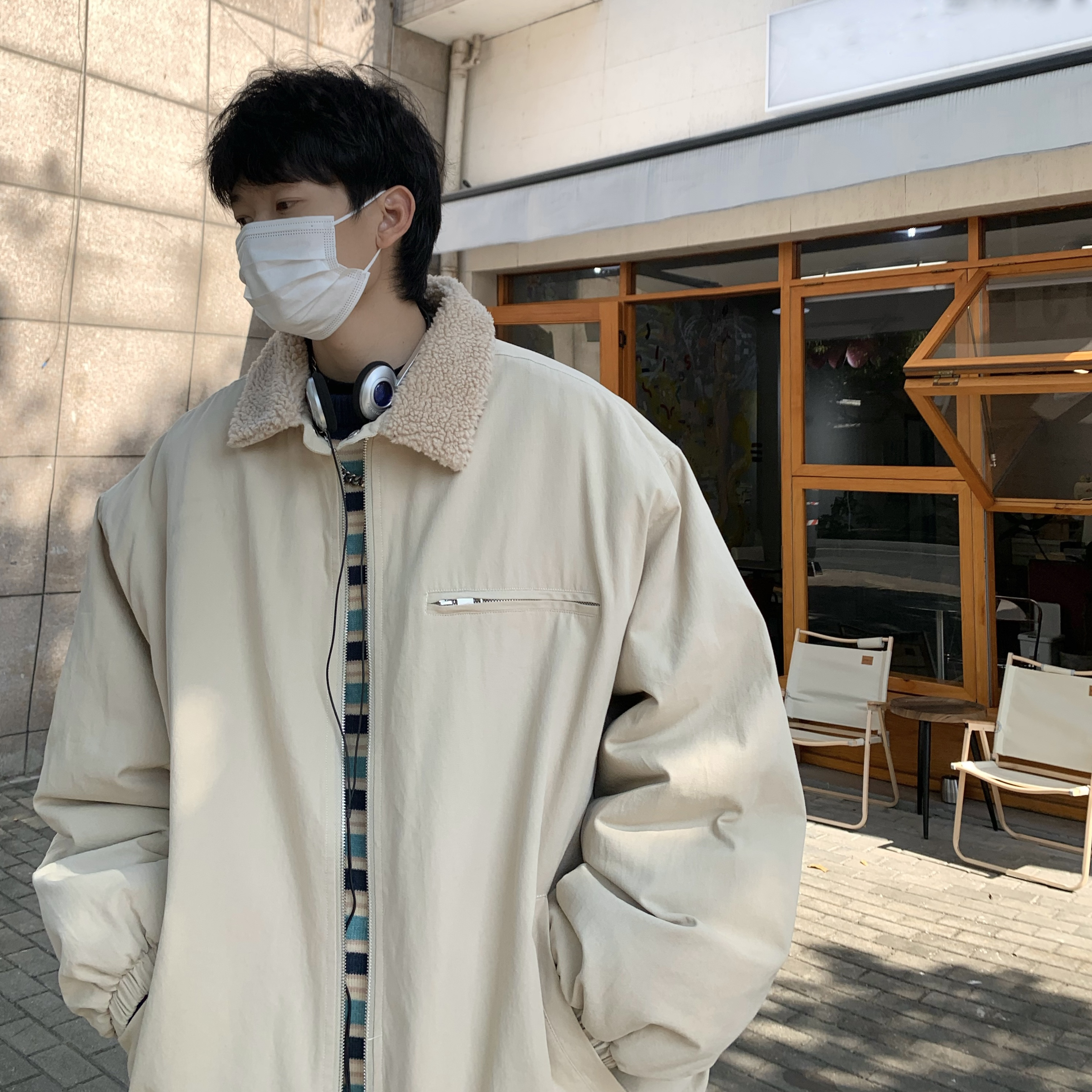 羊羔绒领棉衣男冬季日系复古青少
