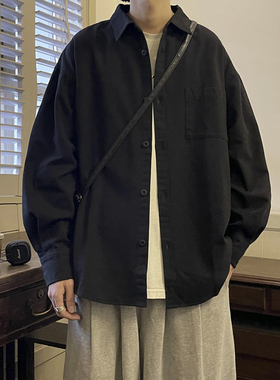 高街痞帅黑色衬衫男秋美式潮牌宽松休闲长袖衬衣cleanfit工装外套