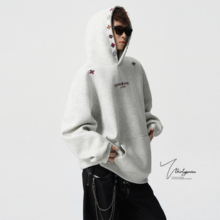 V37重磅白花灰砂洗做旧连帽卫衣男秋季美式复古刺绣情侣加绒外套