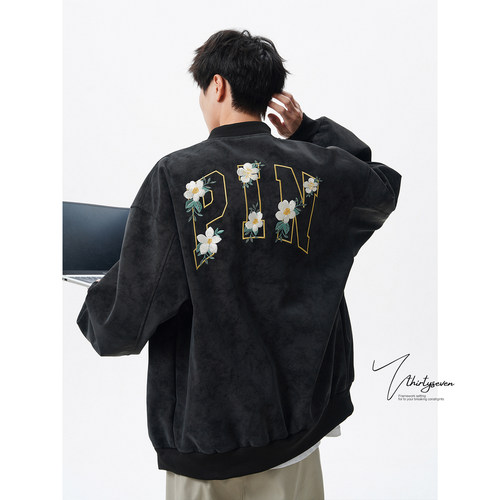 国潮山茶花刺绣运动皮夹克男