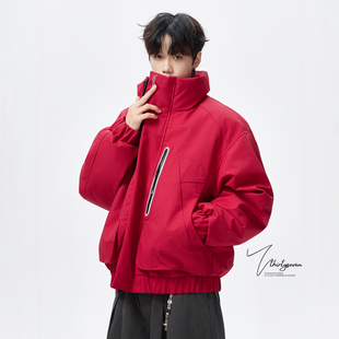 外套 高级感痞帅保暖鸭绒工装 V37美式 氛围感立领红色羽绒服男冬季