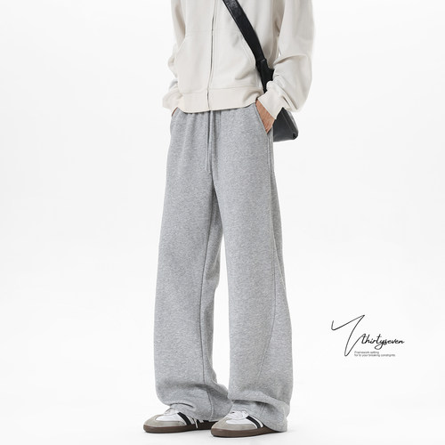 美式复古灰色加绒直筒卫裤男