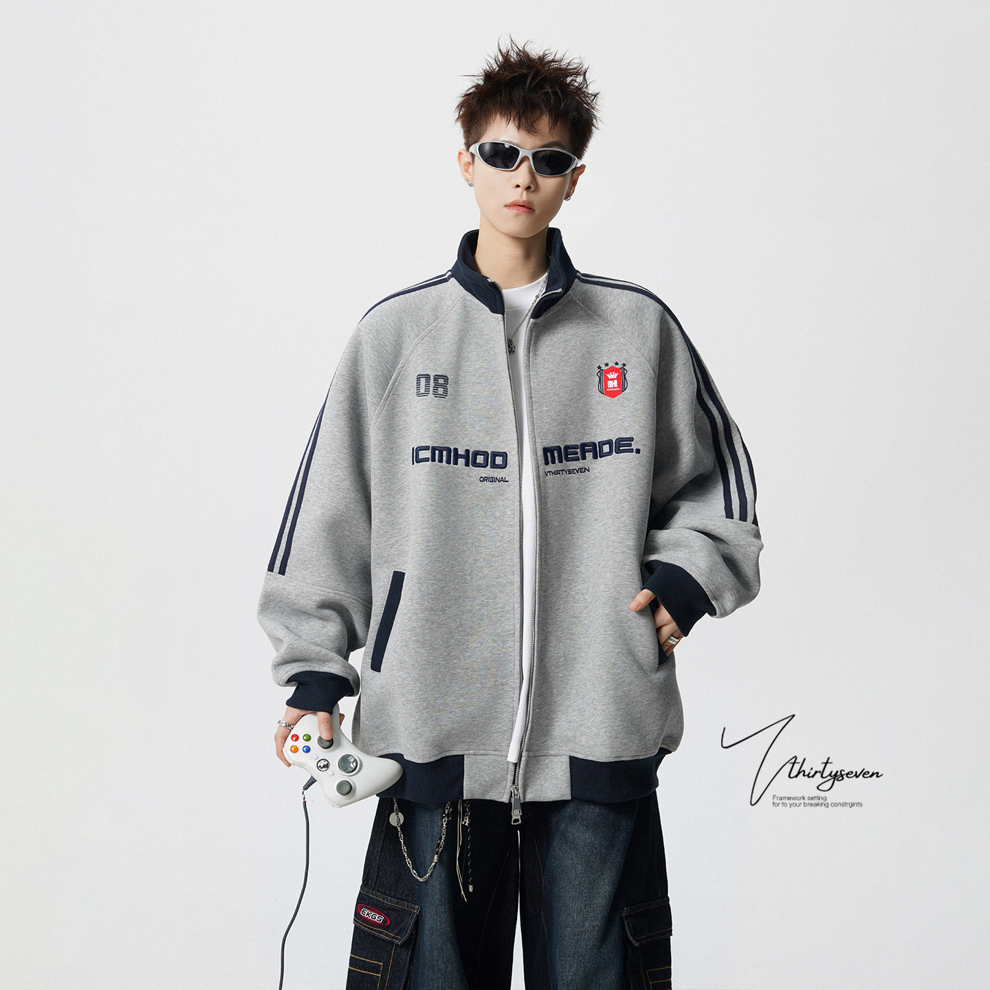 V37美式学院风字母刺绣夹克外套男春潮牌条纹撞色青少年运动上衣