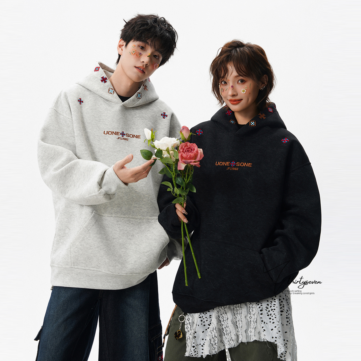 美式潮牌设计感刺绣连帽卫衣男