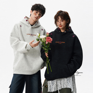 加绒外套 高街vintage情侣款 V37美式 潮牌设计感刺绣连帽卫衣男冬季