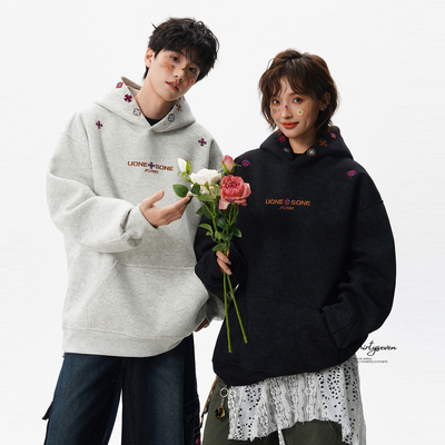 美式潮牌设计感刺绣连帽卫衣男