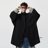 宽松百搭拼接黑色外套潮 中长款 V37中性休闲风格 子立领风衣男春季